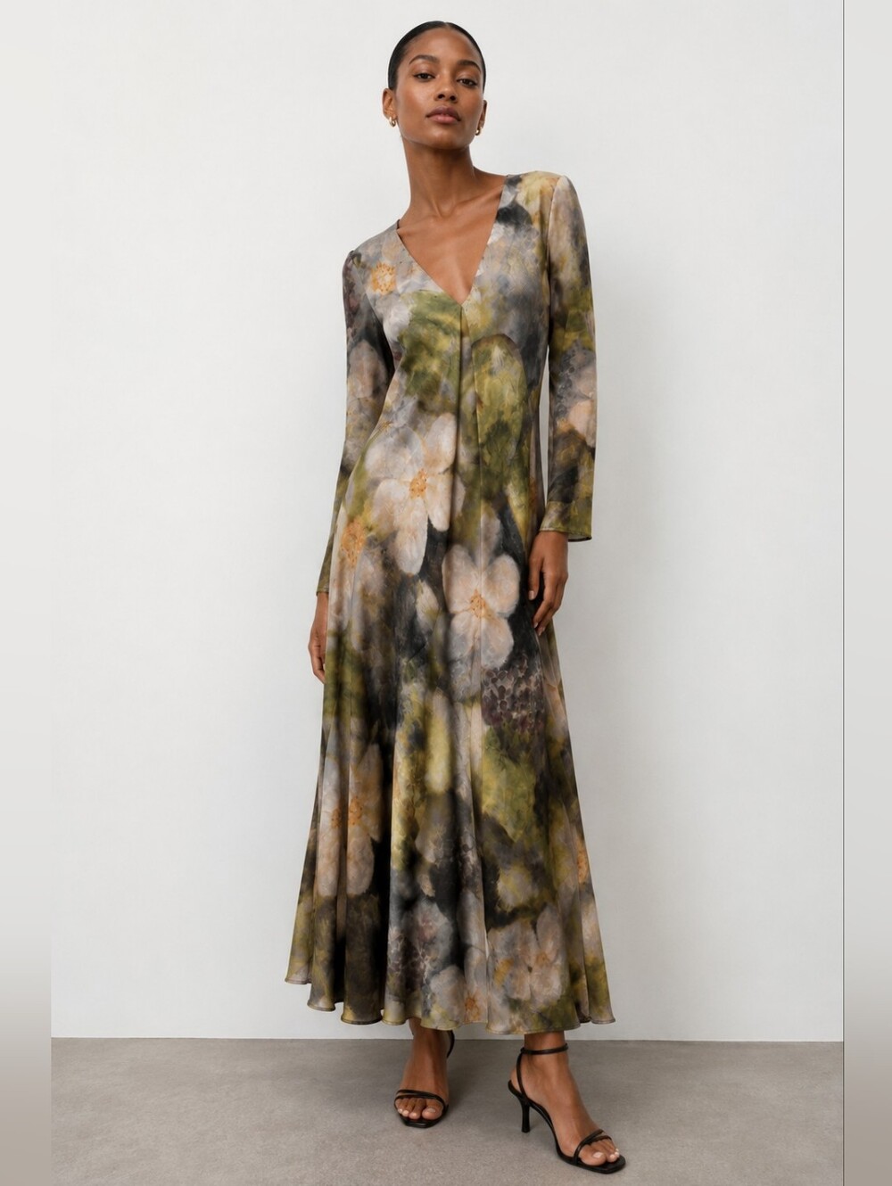 ZARA NWOT Watercolor Floral Maxi Dress Size S | Long Sleeve V-Neck